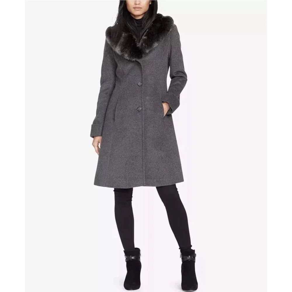 Lauren Ralph Lauren Faux Fur Shawl Collar Coat Size 16 Women Gray Wool Blend